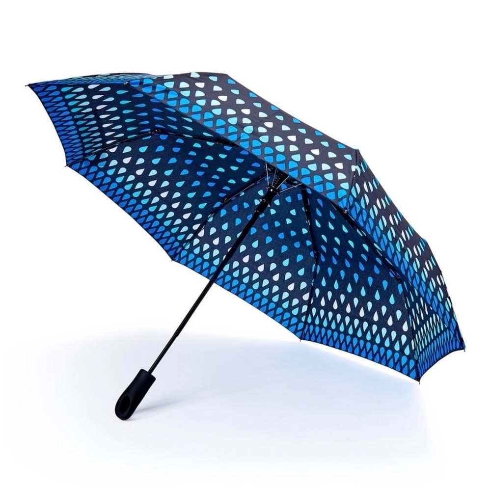 Misty Harbor 42in Auto Open Umbrella Blue Raindrop Print Fiberglass Ribs NWT